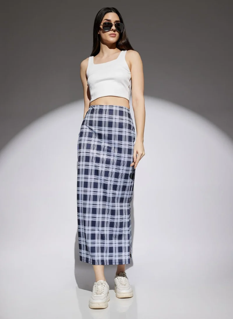 globus Globus Women Navy & White Checks Print Mid Rise Side Slit Pencil Midi Skirt